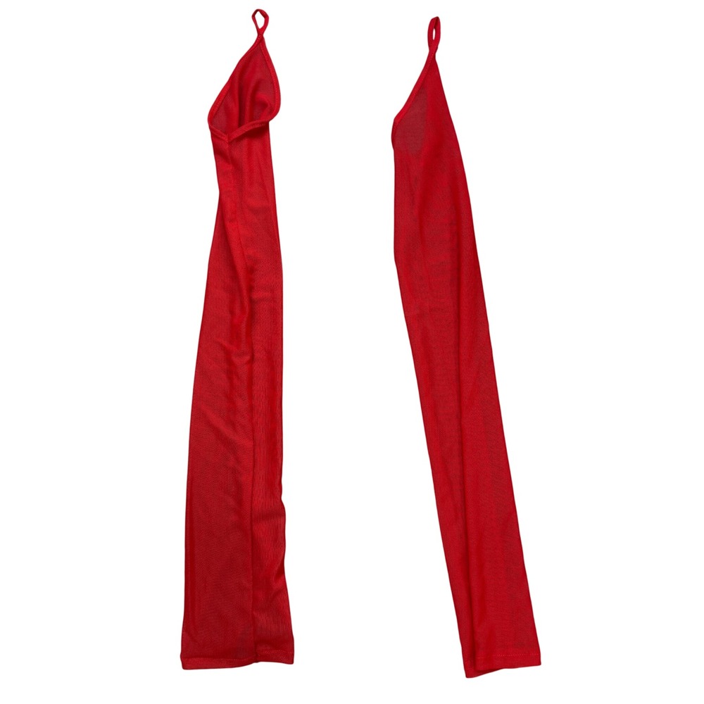 Women's Long Fingerless Sheer Lace Mesh Gloves Red Finger Loop Gloves
